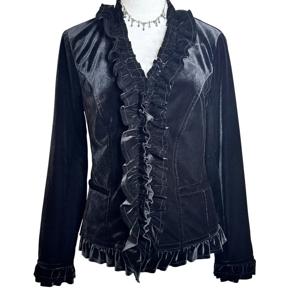 INC Black Velvet Goth Romantic Ruffle Blazer M Jacket Equestrian Riding Fairy - Picture 9 of 16